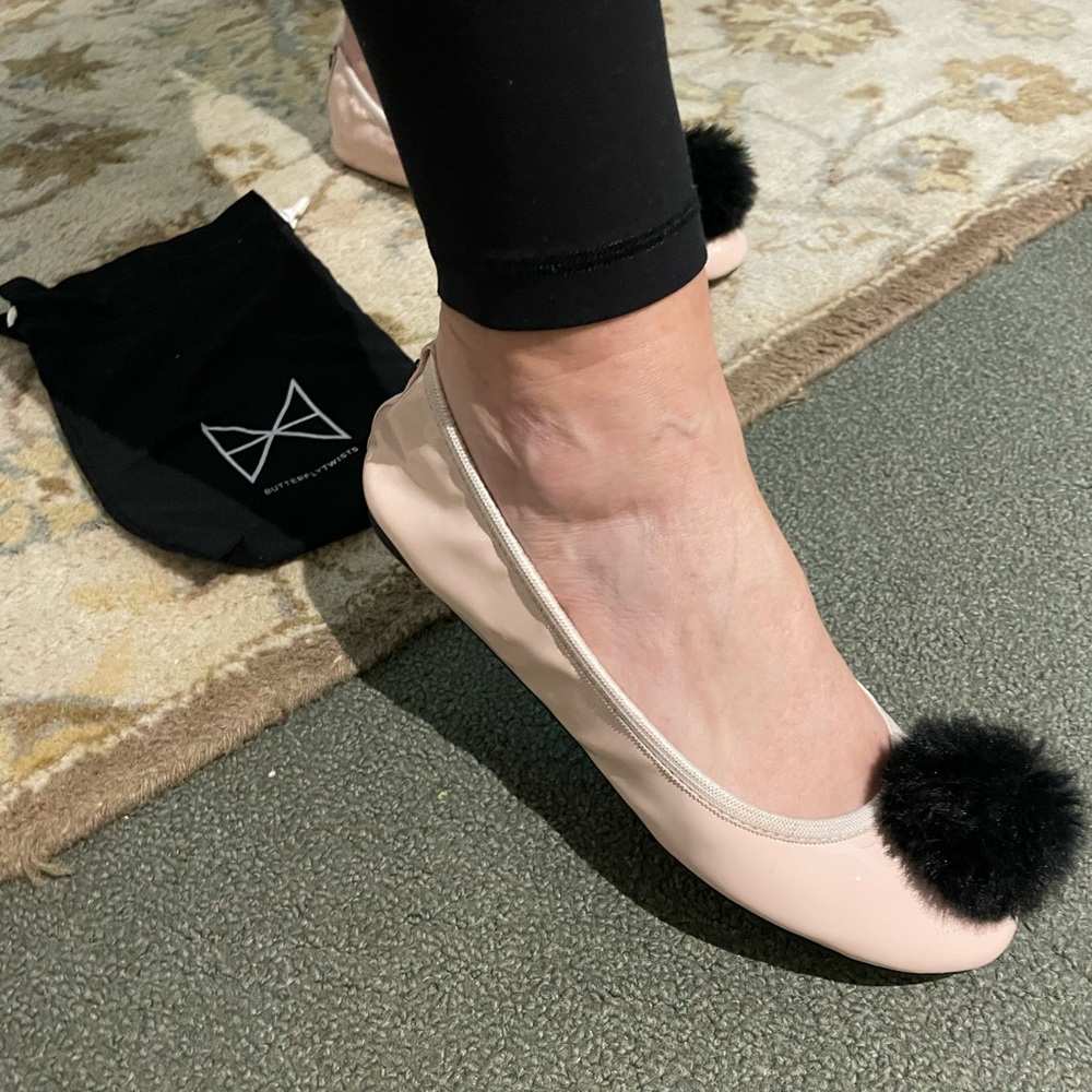 Butterfly Twists Pink Ballet Flats with Pom-Pom Detail - Size 8